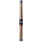 A full size silicone baking mat with tan-colored mesh and gray end caps, rolled up and wrapped in a black and red label with white text. Designed for use on baking sheets, it provides a reusable, non-stick surface.