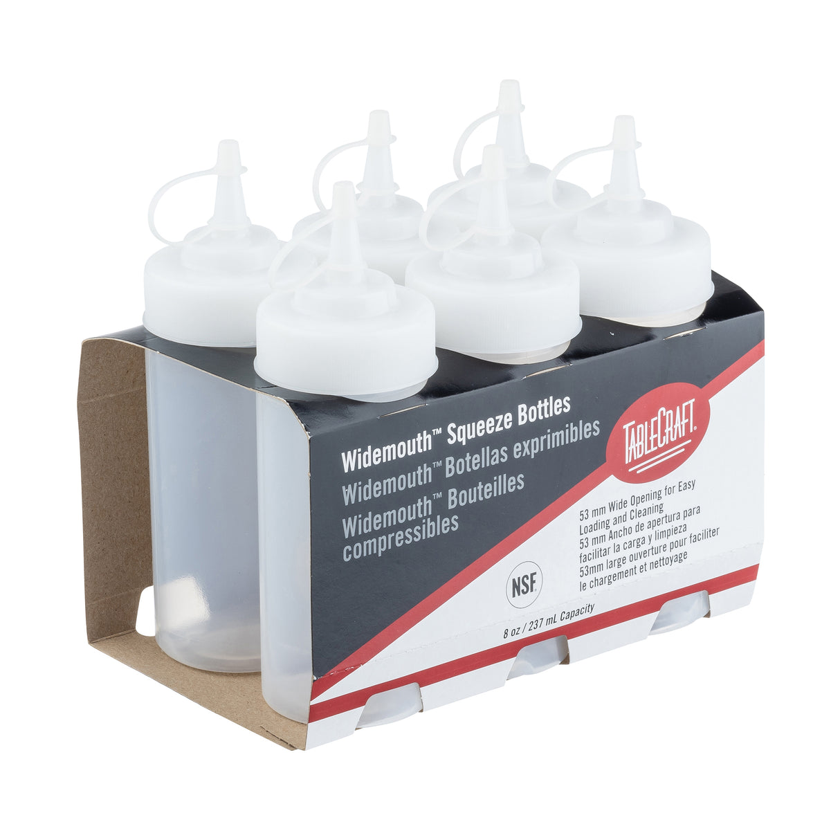 A six-pack of clear, widemouth NSF squeeze bottles with white caps, packaged in a cardboard tray. The label reads “WideMouth Squeeze Bottle” and “TableCraft,” specifying 8 oz polyethylene squeeze bottles for dispensing condiments.