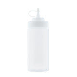 A translucent polyethylene squeeze bottle with a white screw-on cap and narrow nozzle tip. The dishwasher safe bottle features a small attached cover to seal the nozzle, and is photographed empty against a plain white background.