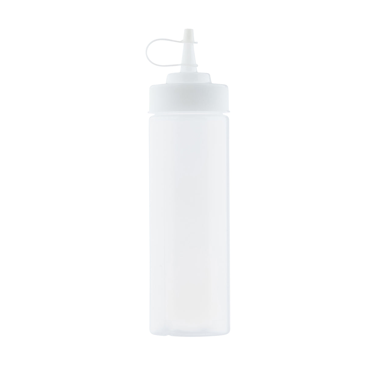 A clear, empty WideMouth Squeeze Bottle made of polyethylene with a white screw-on cap and pointed nozzle tip. The cap has a small attached lid to cover the nozzle. The bottle is dishwasher safe and upright against a white background.