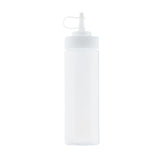 A clear, empty WideMouth Squeeze Bottle made of polyethylene with a white screw-on cap and pointed nozzle tip. The cap has a small attached lid to cover the nozzle. The bottle is dishwasher safe and upright against a white background.