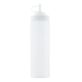 A translucent, cylindrical WideMouth Squeeze Bottle with a pointed nozzle tip and a white screw-on cap. The bottle is dishwasher safe and stands upright on a white background, featuring a small attached cap covering the nozzle.
