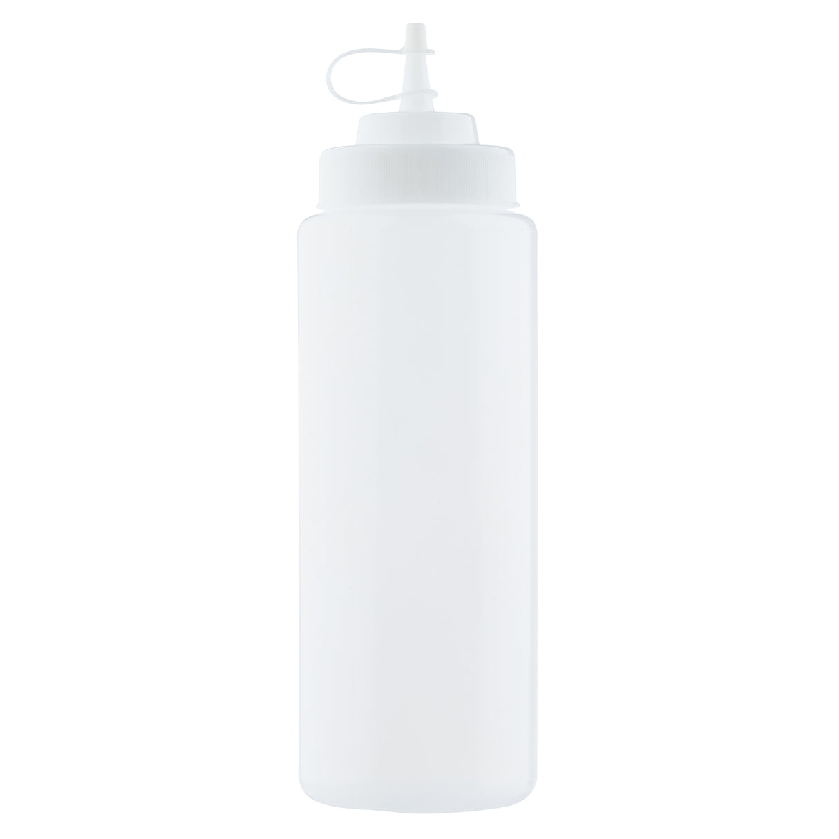 A plain, tall, translucent 32 oz squeeze bottle with a white screw-on cap and narrow nozzle tip, commonly used for condiments or sauces. This dishwasher safe squeeze bottle features a small plastic cap attached to the lid for closing the nozzle.
