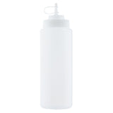 A plain, tall, translucent 32 oz squeeze bottle with a white screw-on cap and narrow nozzle tip, commonly used for condiments or sauces. This dishwasher safe squeeze bottle features a small plastic cap attached to the lid for closing the nozzle.