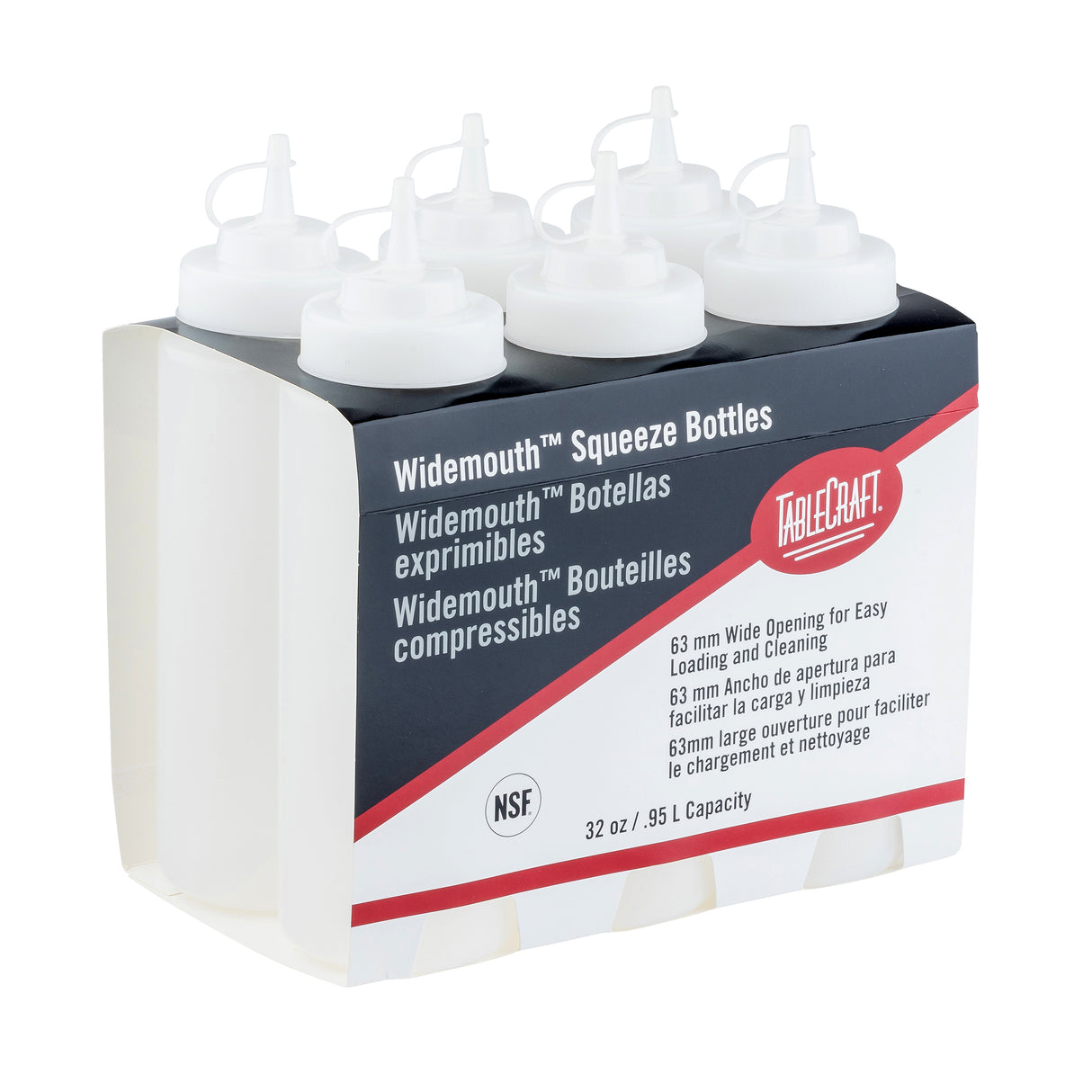 Six clear plastic WideMouth Squeeze Bottles with white caps are packaged together in a black and white sleeve. The 32 oz squeeze bottles feature a wide opening for easy filling and are dishwasher safe for convenient cleaning.