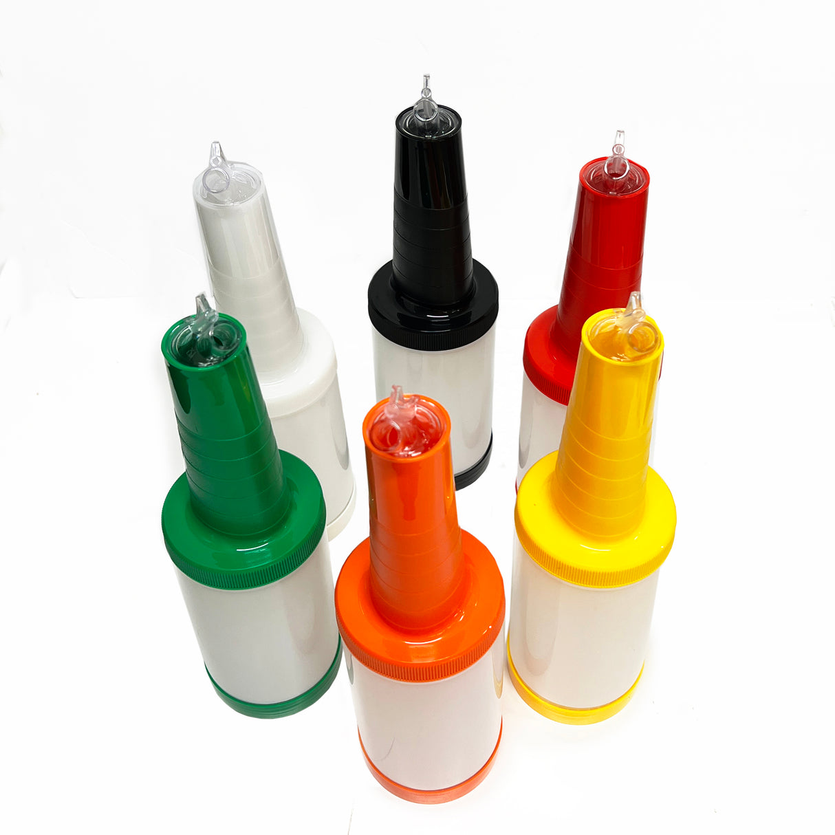 Six Quart Pourmaster plastic bottles with polyethylene pour spouts and assorted color storage caps—white, black, red, green, orange, and yellow—are arranged in a circle on a white background. Each bottle features a white label.