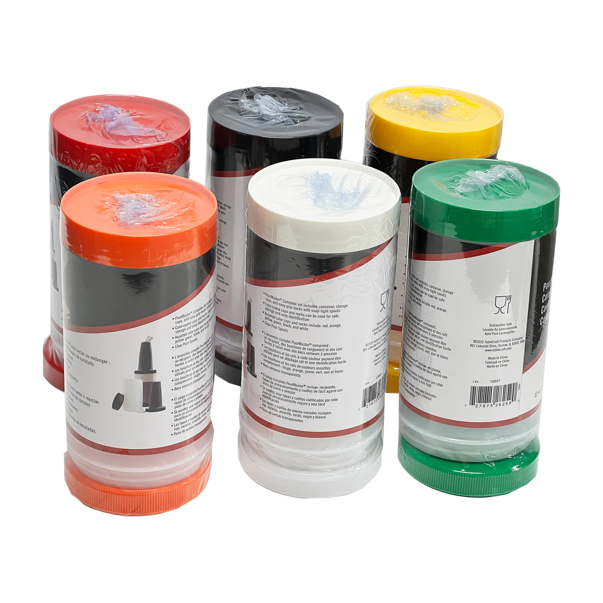 Six stacks of plastic cups with assorted color storage caps are arranged upright in shrink-wrapped packaging. The Quart Pourmaster labels display text and icons, while some polyethylene pour spouts and clearer cup bottoms are visible.