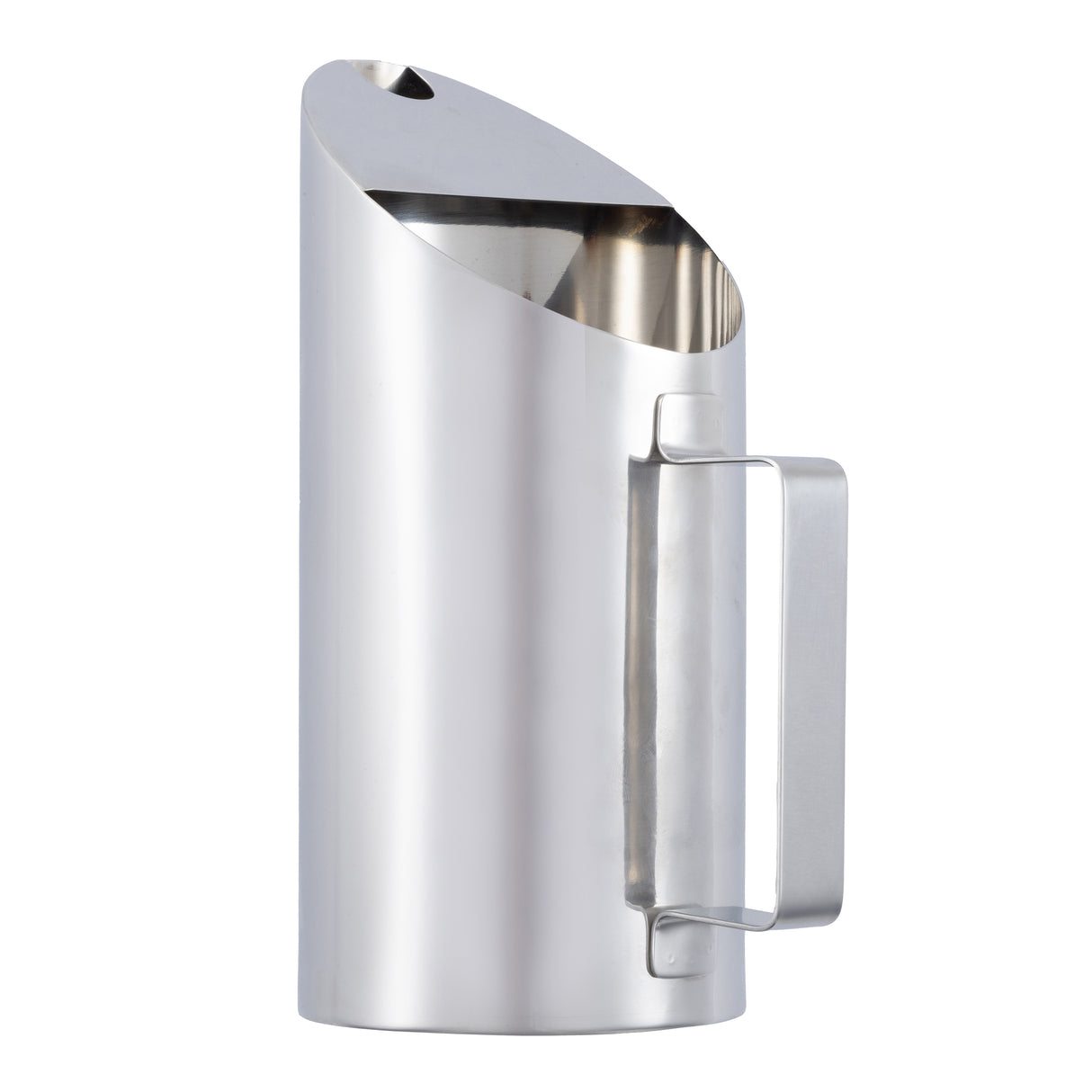 A tall, modern Stainless Steel Pitcher with a slanted top opening and sleek rectangular handle. This 1 Pint Pitcher features a minimalist design, smooth metallic surfaces, and a small spout on the upper edge for easy pouring.