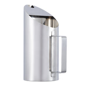 A tall, modern Stainless Steel Pitcher with a slanted top opening and sleek rectangular handle. This 1 Pint Pitcher features a minimalist design, smooth metallic surfaces, and a small spout on the upper edge for easy pouring.