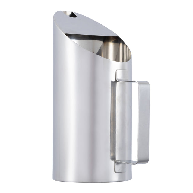 A tall, modern Stainless Steel Pitcher with a slanted top opening and sleek rectangular handle. This 1 Pint Pitcher features a minimalist design, smooth metallic surfaces, and a small spout on the upper edge for easy pouring.