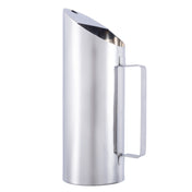 A modern, tall 1.5 quart stainless steel pitcher with a sleek cylindrical body, angular spout, and rectangular handle. The polished surface reflects light, while the minimalist design gives this premium pitcher a contemporary, elegant appearance.