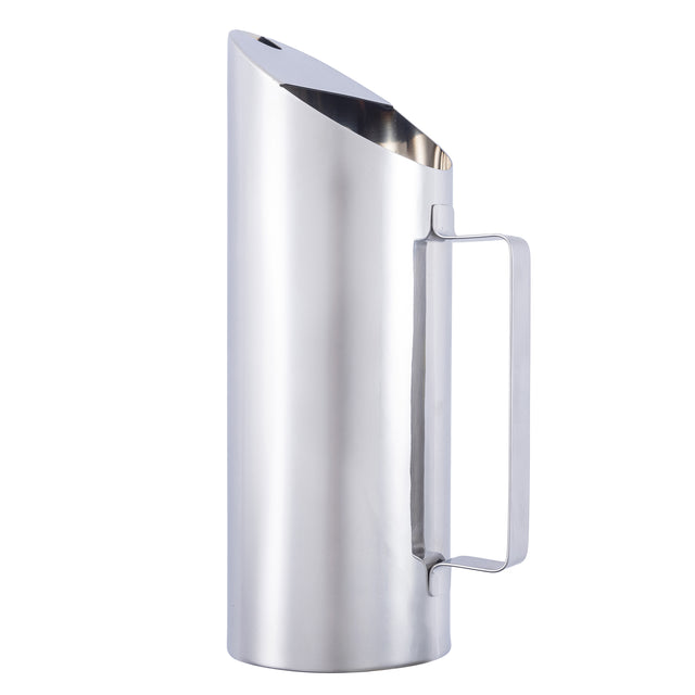 A modern, tall 1.5 quart stainless steel pitcher with a sleek cylindrical body, angular spout, and rectangular handle. The polished surface reflects light, while the minimalist design gives this premium pitcher a contemporary, elegant appearance.