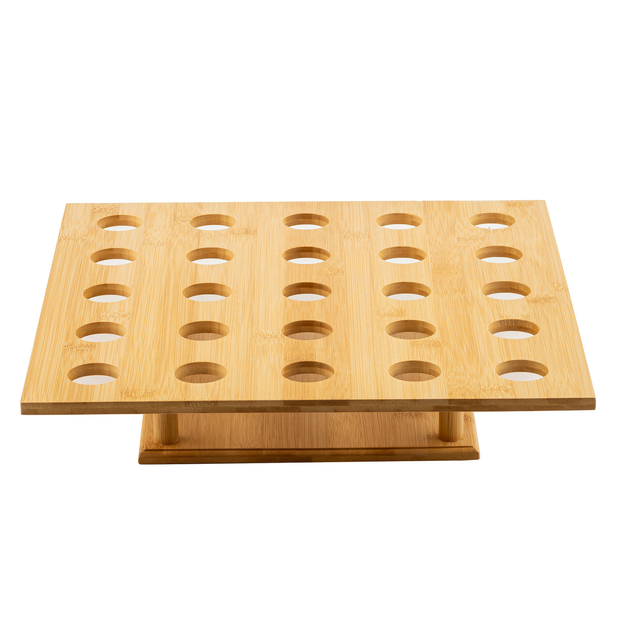 A rectangular, light-colored bamboo cone holder with 24 evenly spaced circular holes in four rows of six. Supported by a sturdy central base, this TableCraft Products cone holder is ideal for holding or displaying assorted items.
