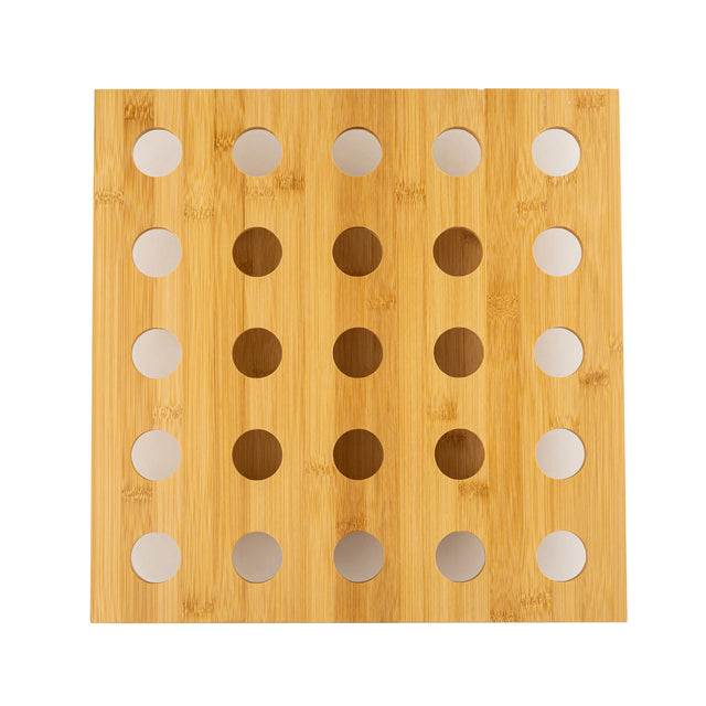 A square wooden TableCraft Products cone holder features a 5x5 grid of evenly spaced circular holes. The smooth, light-colored bamboo board is seen from a top-down view against a white background.