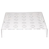 A clear acrylic cone holder display stand with a rectangular top and four legs, featuring five rows of five circular holes, perfect for holding or organizing small cylindrical items like the TableCraft cone holder.