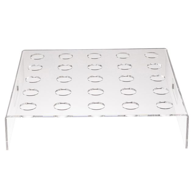 A clear acrylic cone holder display stand with a rectangular top and four legs, featuring five rows of five circular holes, perfect for holding or organizing small cylindrical items like the TableCraft cone holder.
