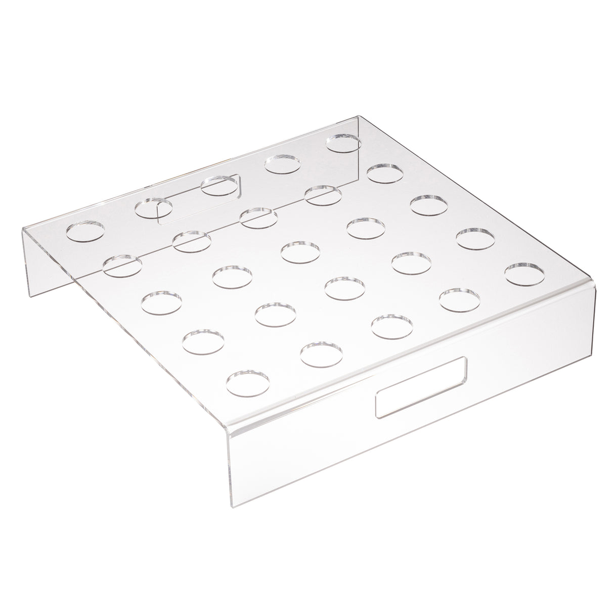 A transparent acrylic cone holder display stand with two rectangular cut-out handles and twenty round holes on top, perfect for organizing or displaying small cylindrical items such as vials, bottles, tubes, or cones.