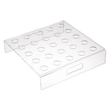 A transparent acrylic cone holder display stand with two rectangular cut-out handles and twenty round holes on top, perfect for organizing or displaying small cylindrical items such as vials, bottles, tubes, or cones.