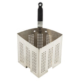 This stainless steel pasta cooker insert from TableCraft Products features vertical perforations, a black plastic handle, and three feet for stability, making it perfect for straining pasta in large pots.