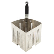 This stainless steel pasta cooker insert from TableCraft Products features vertical perforations, a black plastic handle, and three feet for stability, making it perfect for straining pasta in large pots.