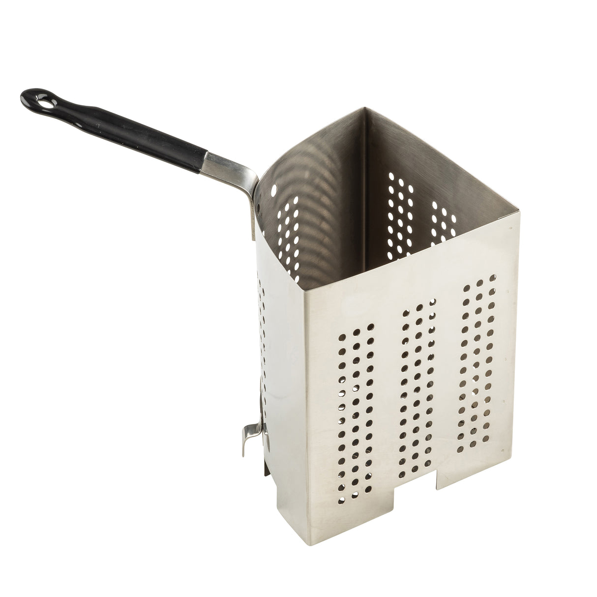 A stainless steel pasta cooker insert from TableCraft Products with a black plastic handle, rectangular and triangular in shape, featuring small round holes for draining. The flat base with slots is ideal for commercial cookers or large pots.