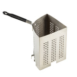 A stainless steel pasta cooker insert from TableCraft Products with a black plastic handle, rectangular and triangular in shape, featuring small round holes for draining. The flat base with slots is ideal for commercial cookers or large pots.