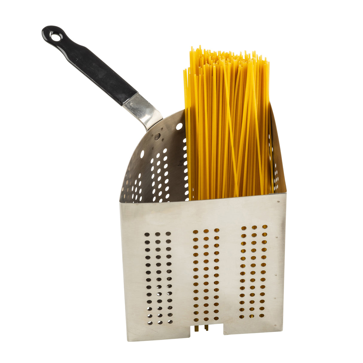 A stainless steel pasta cooker insert by TableCraft Products with a black handle stands upright, filled with uncooked yellow spaghetti. The basket has vertical and horizontal perforations and is set against a white background.