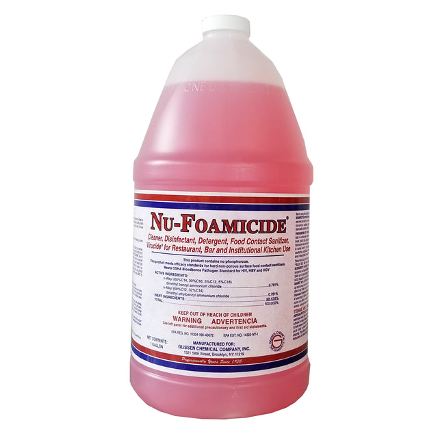 A gallon-sized plastic jug filled with pink liquid labeled “Nu-Foamicide,” an EPA registered cleaner concentrate. The label states it’s a cleaner, disinfectant, detergent, and sanitizer for food service use, with details in English and Spanish.