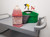 A gray cleaning cart holds a large red jug labeled Glissen Chemical Nu-Foam, an EPA registered all-purpose cleaner, plus a green caddy with two spray bottles and a striped cloth. The background is a plain white wall.