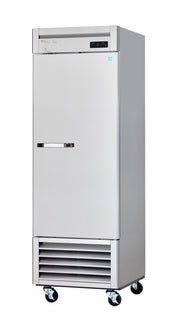 A tall, stainless steel reach-in freezer stands on four black caster wheels. It features a single door with a horizontal handle, a digital display panel at the top, air vents at the bottom, and a sleek, industrial design.