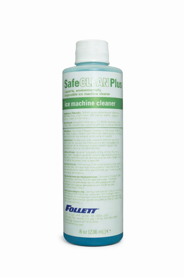A bottle of SafeCLEAN Plus ice machine cleaner with a blue cap, white background, and green label. The environmentally responsible formula's label features product name, usage instructions, Follett logo. Bottle size is 8 oz (236 mL).