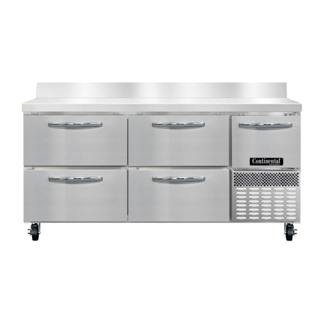 Continental Refrigerator RA68NBS-D Refrigerated Base Worktop Unit 68"W 300 Series Stainless Steel Work Top With 5-1/2"H Backsplash