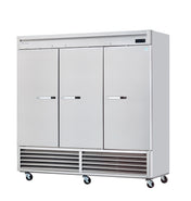 A large, three-section stainless steel reach-in refrigerator with vertical doors and horizontal handles. It stands on four caster wheels, features a vented airflow panel at the bottom, and has a small display on the upper right corner.