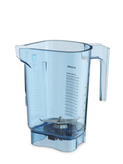 A transparent blue Vitamix 48 oz Advance Container pitcher with a handle on the right, visible measurement markings, and metal blades at the bottom. Made from BPA Free Tritan, the container is empty and set against a plain white background.