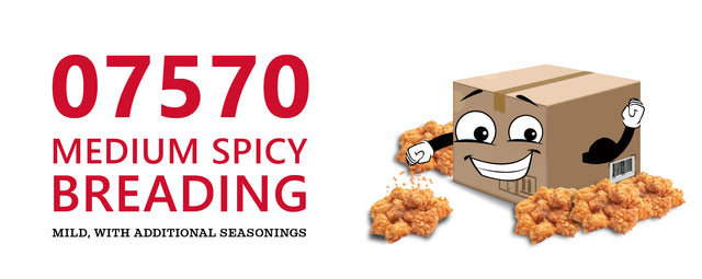 A smiling, cartoon cardboard box with arms is surrounded by piles of golden-brown chicken coated in spicy breading. Large red text reads 07570 Medium Spicy Breading. Smaller text mentions Henny Penny 50lb case. The background is white.