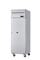 A tall, silver, single-door reach-in freezer on four black caster wheels. The front features a horizontal handle, a digital display near the top, and a brand label. The background is plain white with no other objects visible.