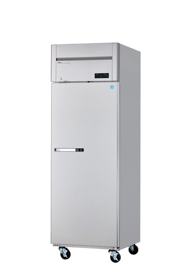 A tall, silver, single-door reach-in freezer on four black caster wheels. The front features a horizontal handle, a digital display near the top, and a brand label. The background is plain white with no other objects visible.