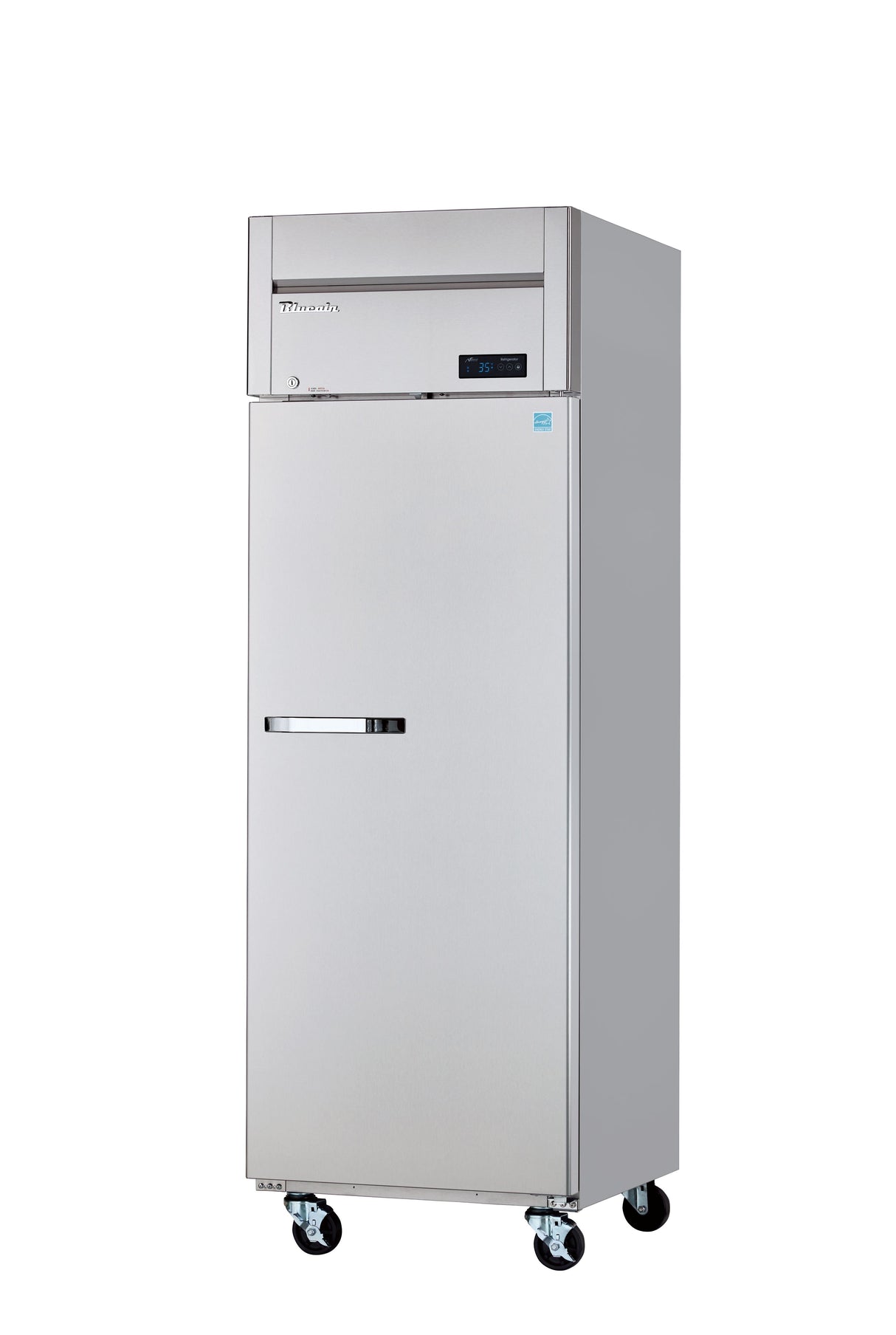 A tall, stainless steel commercial refrigerator stands upright on four black caster wheels. This ENERGY STAR refrigerator features a single door with a horizontal handle and a digital control panel above, boasting a sleek, industrial design against a plain white background.