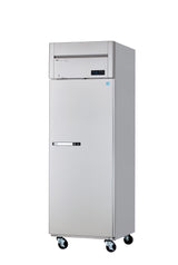 A tall, stainless steel commercial refrigerator stands upright on four black caster wheels. This ENERGY STAR refrigerator features a single door with a horizontal handle and a digital control panel above, boasting a sleek, industrial design against a plain white background.