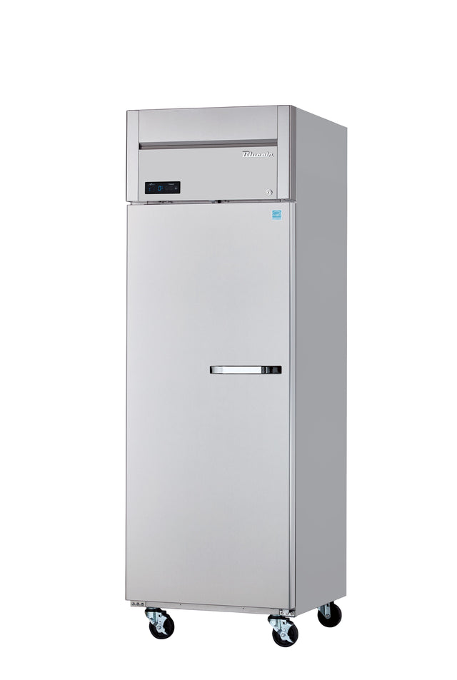 A tall, ENERGY STAR stainless steel commercial reach-in freezer stands on four black caster wheels. It features a single door with a horizontal handle, a control panel at the top, and a modern, industrial design, isolated on a white background.