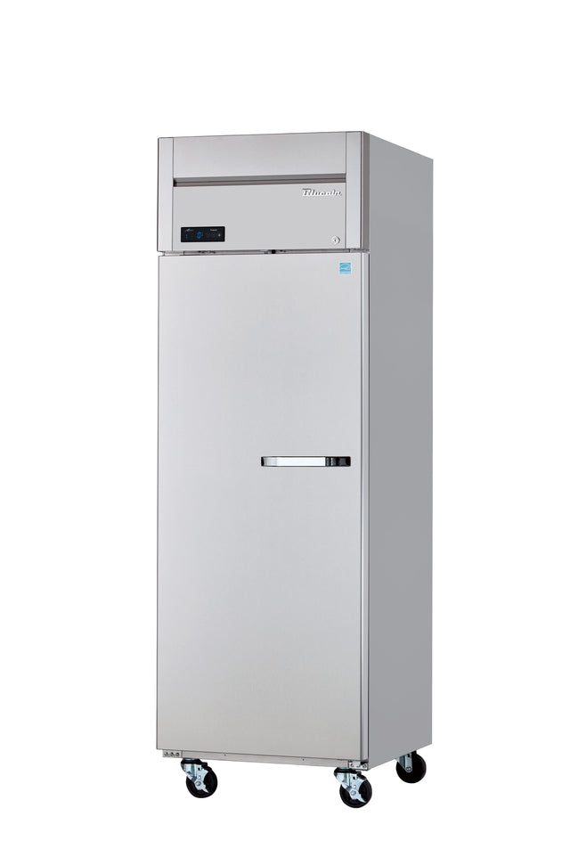 A tall, single-door stainless steel ENERGY STAR reach-in refrigerator features a digital control panel on top, sleek handle, and four caster wheels for mobility, set against a plain white background.