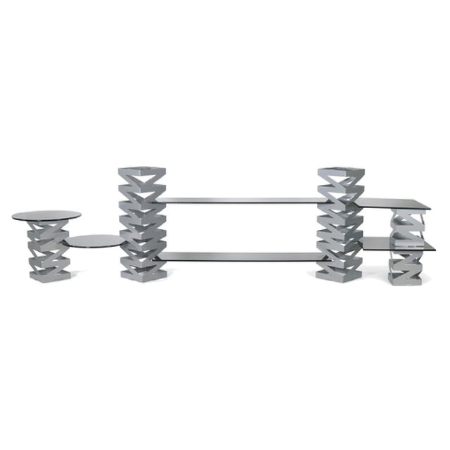 FOH BST005MUM28_ Buffet Essentials Zig Zag Smoke Glass On Silver Includes One BRI007BCI28 22.5" Zig Zag Risers Set Of 2 Silver