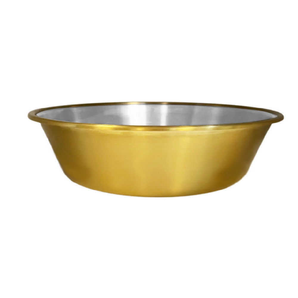 A round, shallow bowl with a wide rim, this Buffet Chafer Dish features a metallic gold exterior and silver interior for a striking two-toned look. The Gold Accent Insert enhances its elegance. Bowl is empty and set against a plain white background.