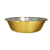 A round, shallow bowl with a wide rim, this Buffet Chafer Dish features a metallic gold exterior and silver interior for a striking two-toned look. The Gold Accent Insert enhances its elegance. Bowl is empty and set against a plain white background.