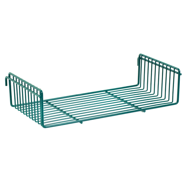 A green Metroseal 3 metal wire shelf with an open rectangular design, featuring parallel bars and hooks on each end for hanging under a surface. The sturdy, minimalistic shelf offers added protection with Microban antimicrobial technology.