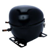 A black metal Empura replacement compressor with a rounded, oval shape, two copper pipes on one side, and a flat mounting base with bolt holes. The smooth, glossy surface features visible seams around the middle, perfect for Empura ice machine parts.