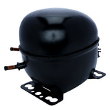 A black, oval-shaped compressor with a smooth, shiny surface, mounted on a metal base with holes for screws. Two copper pipes extend from one side for refrigerant flow. Ideal as a replacement for Empura Ice Machines or other Empura Parts.