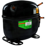 A black, cylindrical E-MCF430 compressor for Empura Ice Machines with green and white labels, copper connection pipes, and warning stickers. The unit rests on a metal base with mounting holes and features a slightly rounded top.