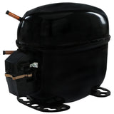 A black, oval-shaped compressor for Empura Ice Machines (E-MCF430) with two copper pipes protruding from the top and side. It features a glossy, reflective surface, metal mounting base with screw holes, and an electrical terminal on one side.
