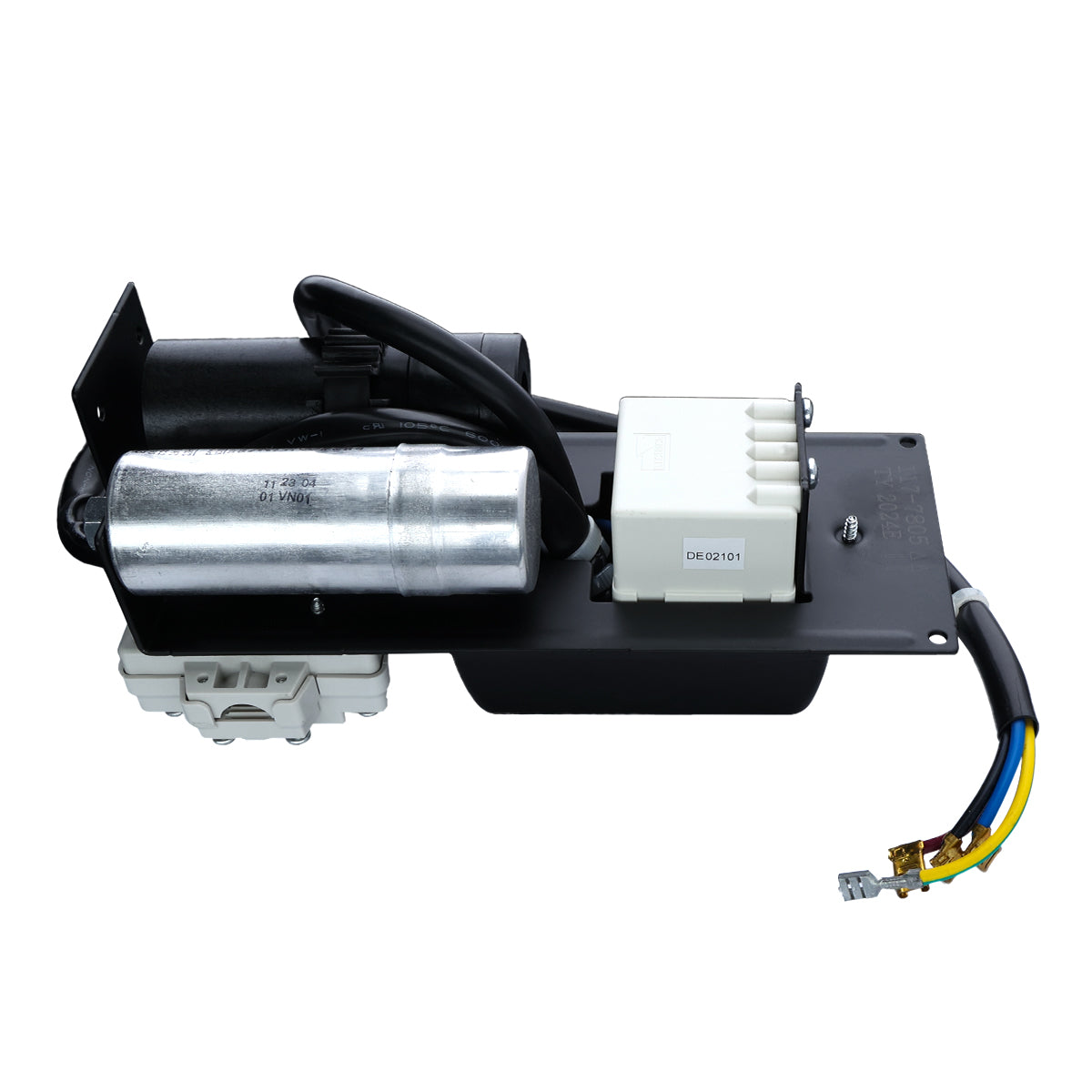 A black mounting plate holds a cylindrical metal capacitor, compressor, a white relay box, and black and white electrical components. Several color-coded wires extend from the right side—ideal for Empura Ice Machines or replacing Empura Parts.